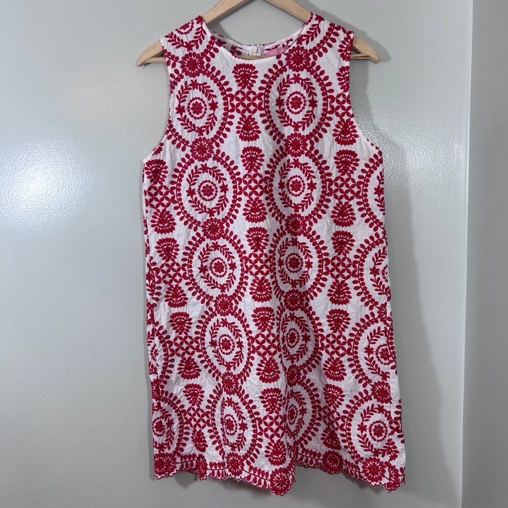JJ's Fairyland Red White Floral Embroidery Scalloped Hem Shift Dress Medium